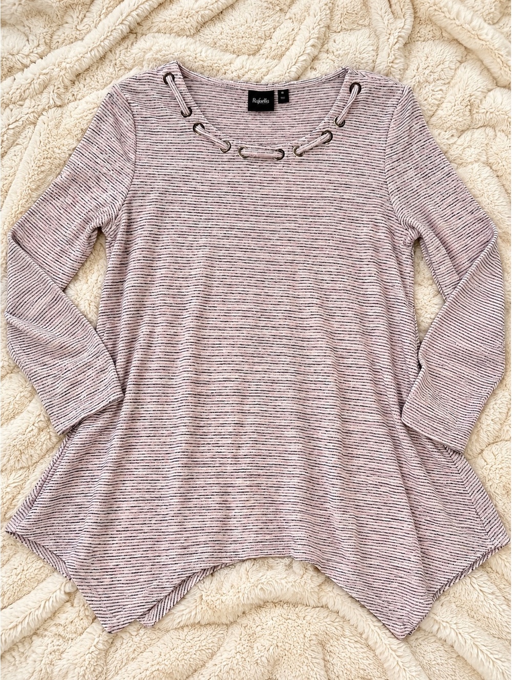Rafaella Women's Medium Pink Gray Striped Lace-Up Grommet Handkerchief Hem Top